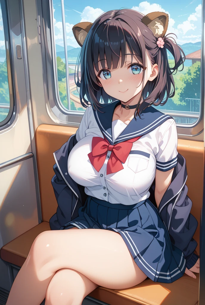 1 woman, thighs, sitting on train, school uniform, realistic, raw photo, white shirt, pleated skirt, black short socks, roafer, medium hair, bangs, looking at viewer, best quality, large breast, (squeezing breast),