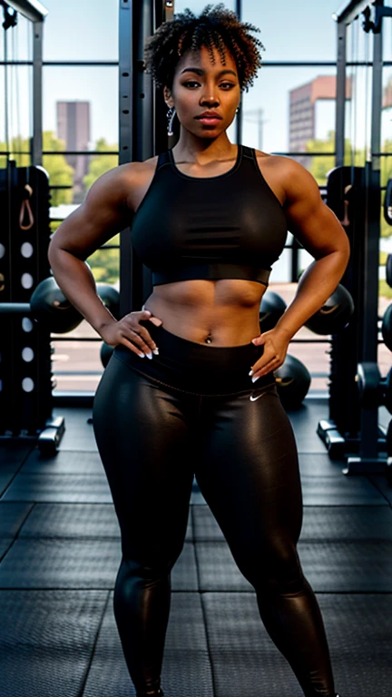 1woman, black woman, busty woman, fat black woman, 25 year old woman, hot woman, Brazilian/African/Philippines model, beautiful, model, gym clothes (leggings, crop top) gymclothes for woman, great figure, perfect proportions, curly brown hair with dark brown lowlights, dark-brown lowlights, brown hair, long brown hair, long curly beautiful hair with dark-brown lowlights, brown eyes, perfect beautiful brown eyes, detailed brown eyes, majestic woman great figure, Brazilian/African/Philippines, brown skinned woman, light pink lipstick, perfect face, square face, face shape square, cemeterial face, great body, beautiful body perfect face with brown eyes blond hair with dark-brown highlights light pink lipstick Brazilian/African/Philippines gym clothes (leggings, crop top), dark brown skin, great tanned skin (Thick body, great figure, big boobs, large curves, busty woman)(thick black woman, busty black woman, black woman, dark brown) BREAK highly realistic, perfect image, realistic image, photorealistic, real image, real photo 8k image, high-resolution. [thick black woman with, perfect hands, perfect legs, perfect proportions, heavy woman, perfect face, black woman]
