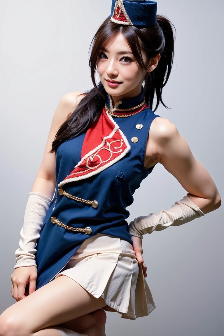 masterpiece, best quality, highres, 1girl hibachi twintails hair ornament, yellow shirt strapless bra armband black skirt red legwear purple legwear belt elbow gloves green gloves pink bow <lora:hibachi:1> standing, (photorealistic:1.2)