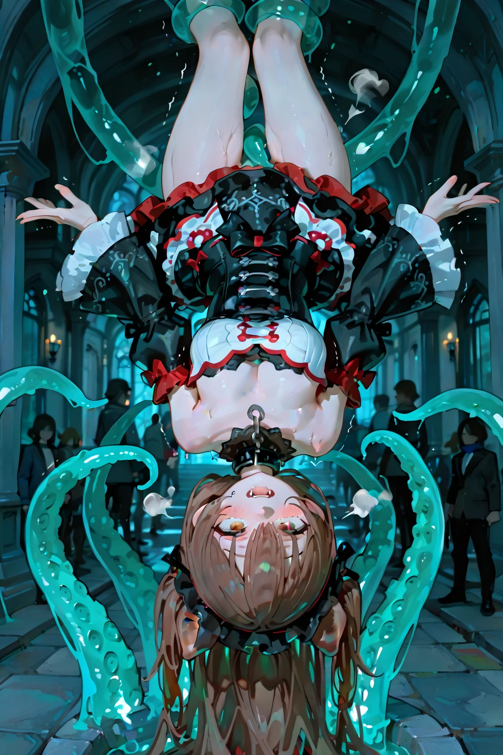 Super detailed, Very detailed,masterpiece,(Highest quality),(Super detailed),(Very delicate and beautiful),((erotic)),Completely naked, Two people kissing, Cheeking thick tentacles, Bound by thick tentacles, ((Angle from the front)),M-shaped legs, ((Thick tentacles inserted into vagina and ass)), Beautiful girl with straight silver hair,Red Eye ,Ecstatic expression, Sticking out tongue, , (((Black Tentacle Seedbed))), Thick tentacle in mouth,Tentacles sticking into ears,