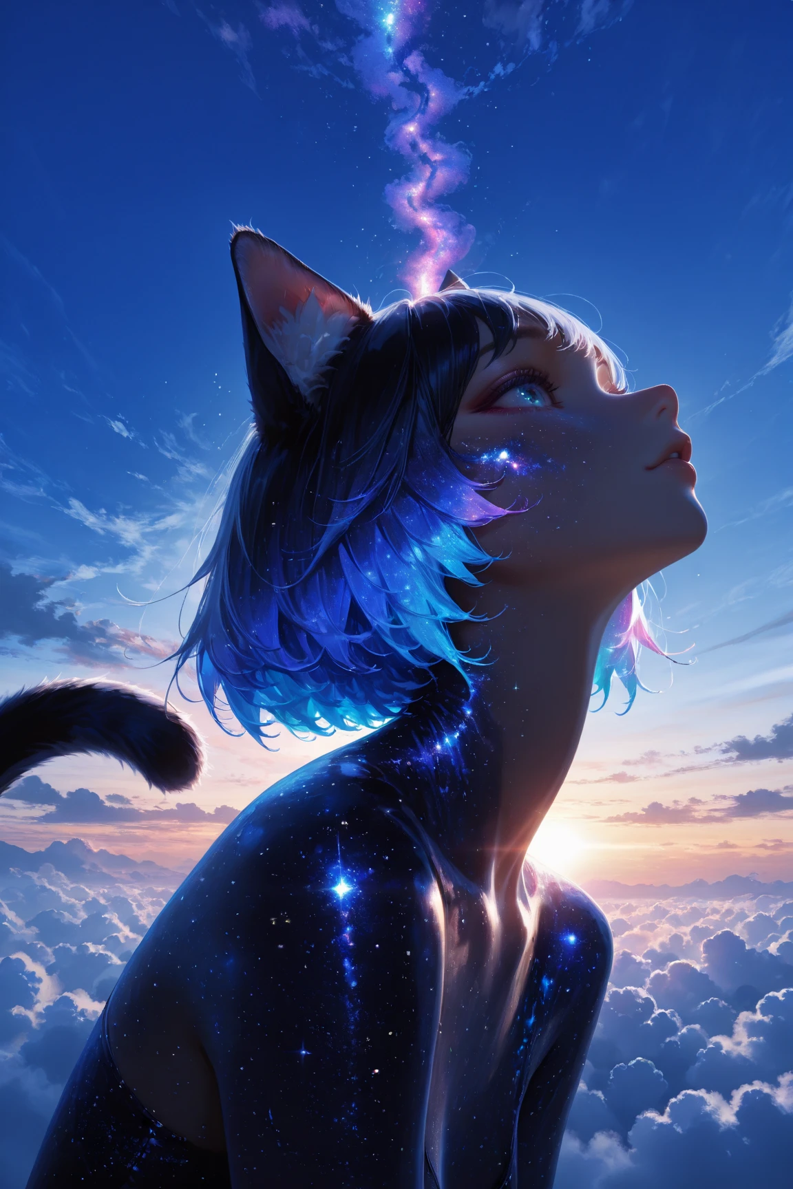 cute mystery three dimensional silhouette of a cat in profile, full body shot, double exposure blending together a cat and stars, galaxies and shooting star fish, vintage colors, 80's vibes, maximalist, poster, hyperdetailed, 36k resolution Kodak professional, puffy blue cloud midnight black background,