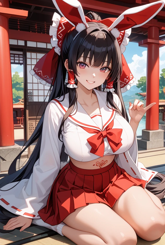 4 women, multiple women, twins, long hair, ponytail, short hair, breasts, looking at viewer, blushing, smiling, open mouth, blue eyes, brown hair, ribbon, navel, animal ears, exposed shoulders, underwear, tail, white hair, :d, thighs, multi-colored hair, hairband, necessarily large breasts, sleeveless, fangs, abdomen, belly, two-tone hair, high leg, horse ears, blue sailor collar, Uma Musume, horse tail, black hair, hair ornament, sitting, yellow eyes, thighs, exposed navel, heterochromia iridum, skimpy clothing, chest curtains, long hair, , smiling, open mouth, skirt, blonde, red eyes, exposed shoulders, thighs, outdoors, sleeves removed, kimono, wide sleeves, armpits, obi, bells, sideboob, cherry blossoms, hakama, hakama skirt, non-traditional shrine maiden, hair bells, hakama short skirt