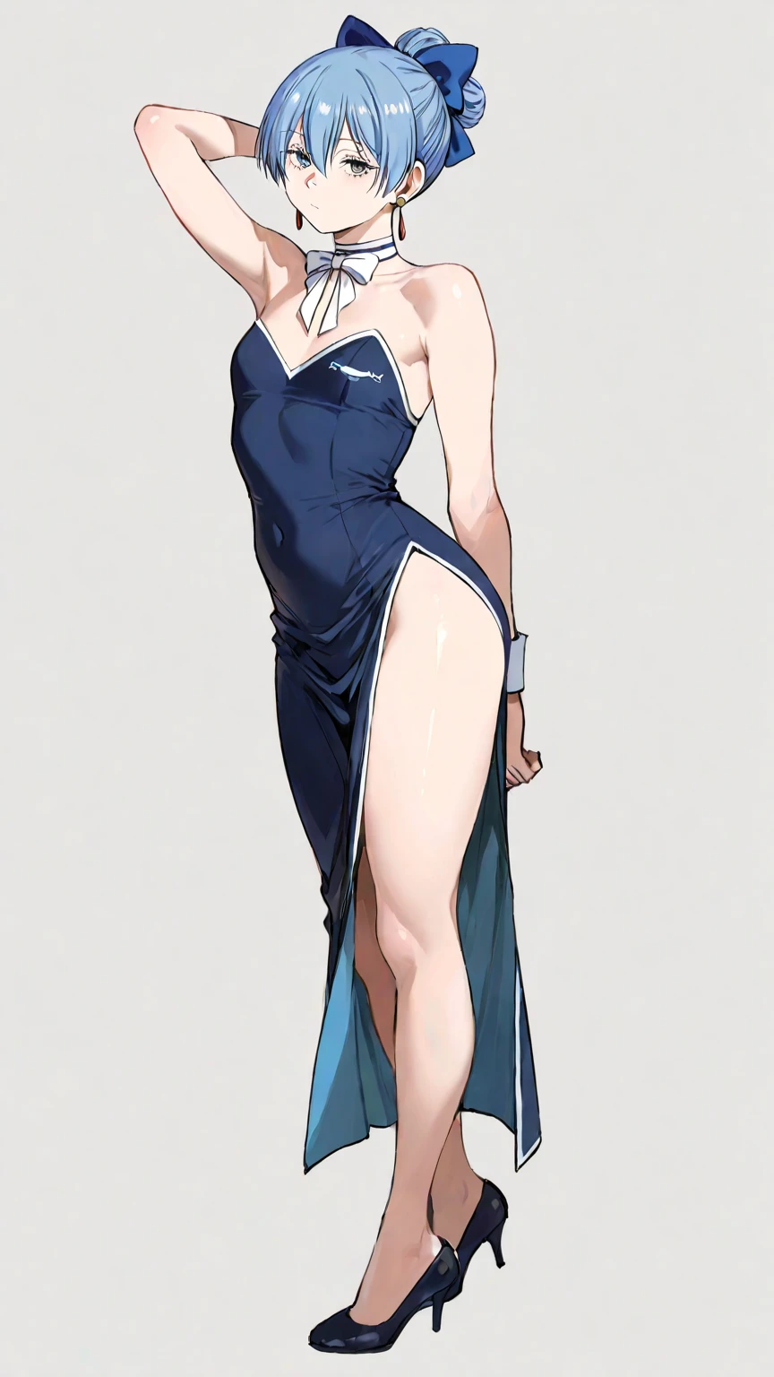 Izayoi Seishin artstyle, (score_9, score_8_up, score_7_up), (best quality, masterpiece),perfect anatomy,(aesthetic,very aesthetic),official style, (ultra-high resolution), Masterpiece, raw,  beautiful art, professional artist, 8k, art style by sciamano240, very detailed face, very detailed hair, perfectly drawn body, beautiful face, (masterpiece, top quality, best quality), 1girl, full body, white silver hair, green eyes, blue maid dress (Cammy White Street Fighter 6 | Goofy AI) (white skin:1.2)(shiny body),