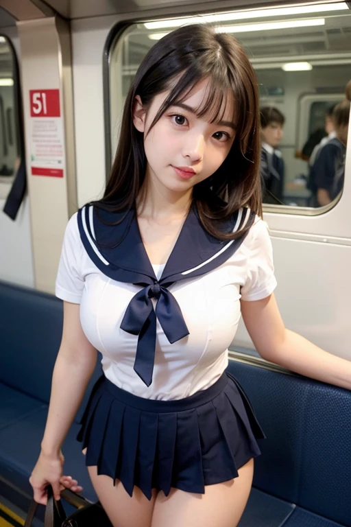 top-quality,ultra-detailliert,masterpiece,realisitic,Photo Real,Bright lighting,1 girl in, an extremely beautiful 17-year-old girl, (kawaii:1.2),Bursting smile, White panties are visible、Black eye,A dark-haired,bobhair、,(bangss),perfect glossy skin,flawless skin,((erotick,sexy for)), large full breasts,big breasts thin waist, Look at viewers,a sailor suit,high-school uniform:1.2、shortsleeves,neck tie,sitting on,sockes、Futomo、(Loafer shoes), during daytime,On the train,