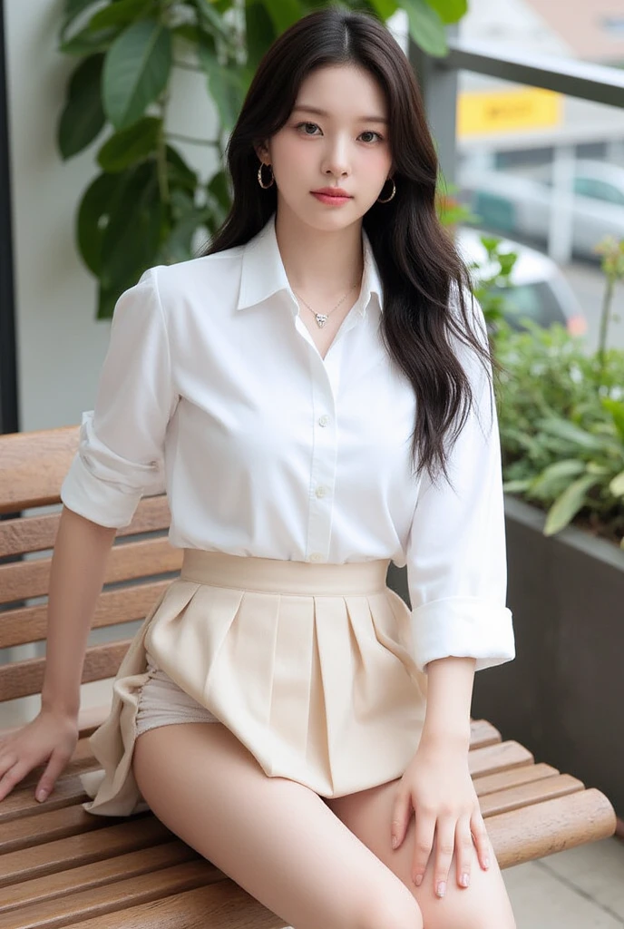 ultra Practical 8k cg, picture-Perfect face, Flawless, Clean, masterpiece, Professional artwork, Famous Artworks, Perfect face, Pretty Face, beautiful Eye, ((Perfect female body)), Solitary, (Immersive atmosphere, Chiaroscuro:1.5, Bright light:1.2, Luminous lighting), Show off your slender figure and beautiful curves, (Beautiful long legs:1.3), (blush:0.5),Expression, Extremely detailed_Eye, Thick thighs, Large Breasts,
Beautiful and detailed background, Depth of Field, Practical:1.3, Long Shot, 1 Girl, shirt, Pleated Skirt, , sitting, whole body,
(Ambient Light:1.3), (Film composition:1.3), (Neon:0.1), (HDR:0.1), Accent Lighting, White pantyhose,