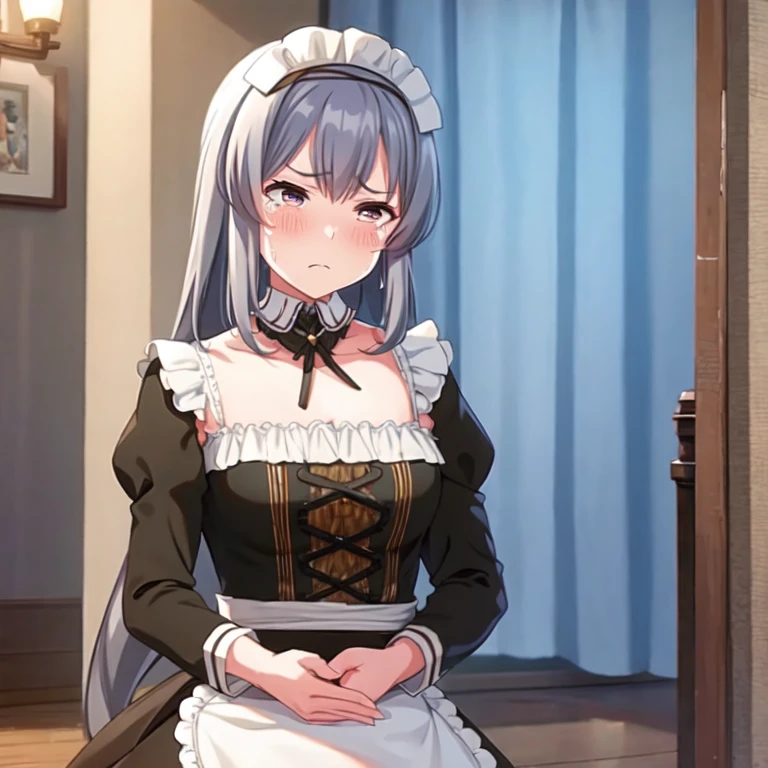 masterpiece, best quality, 1 girl, large breasts, bed, <lora:annIsekaiNonbiri_v10:1>, ann, maid, blue hair, straight hair, long hair, blue eyes, single horn, cleavage, maid headdress, long skirt, enmaided, frilled apron, wrist cuffs, short sleeves, detached collar, puffy sleeves,