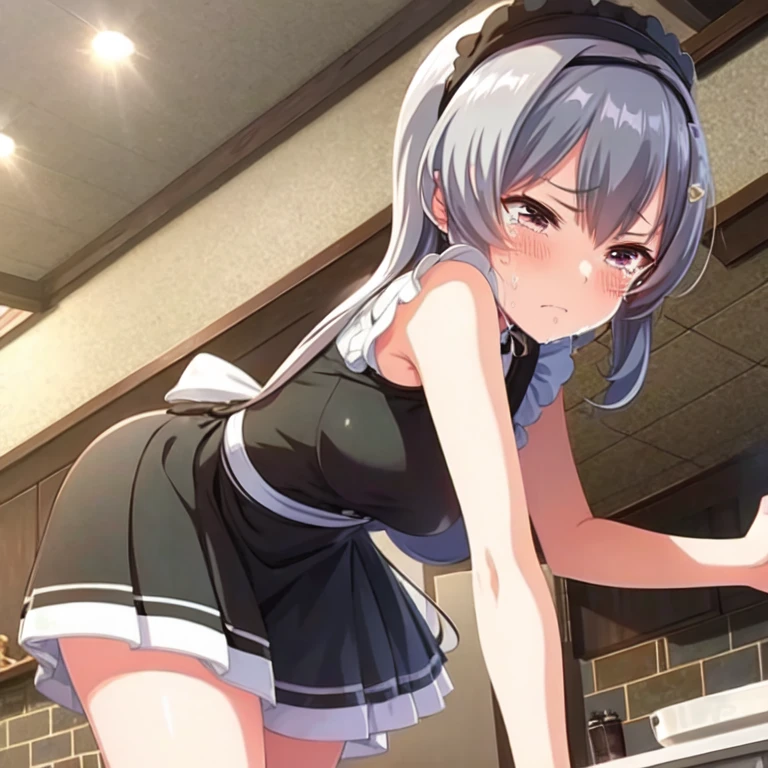(((masterpiece, highest quality))),nsfw,cowboy shot,20 year old beauty, solo,((very small head)),black hair,short hair,bangs,black eyes,shy,medium breasts,((very long body,slender body)),skinny,gleaming skin,oily skin,sweat,(japanese maid、Naked white apron、white_thighhighs),Floor cleaning、On all fours、Old big mansion、Natural light、