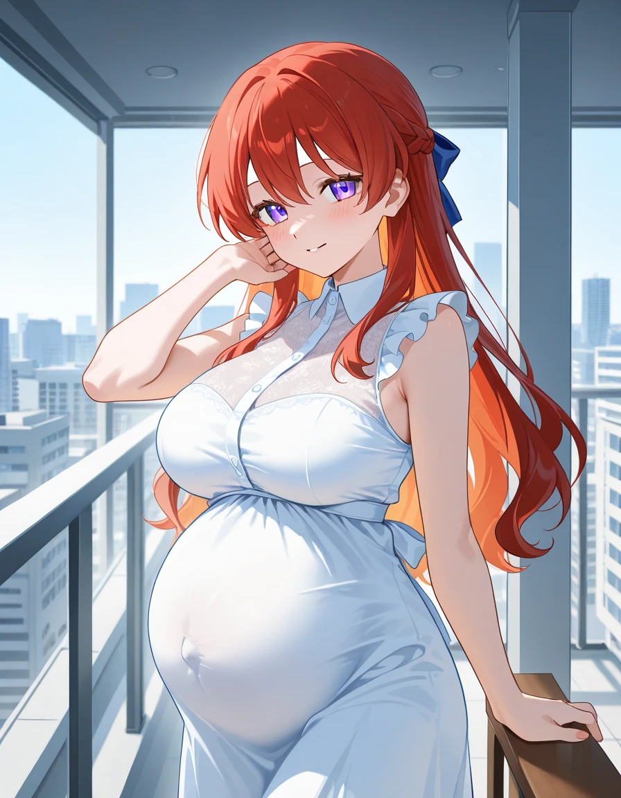 Pregnant, tight sky blue dress, curly long red hair, sexy