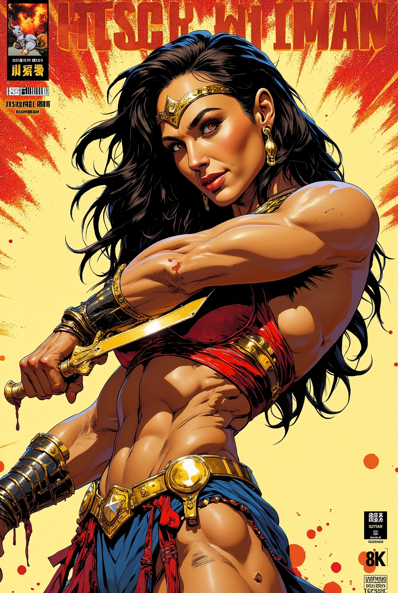 “The Super Woman” comic cover, ultra-detailed, close-up head-to-upper-thigh shot in bold comic panel layout. A powerful Amazon warrior stands in an intense heroic stance, body turned slightly to the side, fully emphasizing the deep curve of her hips and the bold round shape of her bare, glowing ass. Her legs are planted with force, one leg forward, the other back, flexing her fleshy thighs, wide hips, and smooth glutes as her torn skirt lifts away in the wind — fully exposing her shapely, toned butt cheeks without shame. Her body is lean-fit and ultra-curvy, and soft in all the right places. She points a large, bloodied golden sword forward with purpose, arm extended, blade dripping down past her thigh. Her red-gold bustier presses tightly around her large natural breasts, abs partially visible below, waist cinched by a polished golden belt. Her expression radiates confident seduction: glowing eyes locked ahead, sharp brow lifted, and a knowing smirk across her lips. Her long black hair is windblown and wild, framing her commanding posture. Armor is regal and mythic — golden bracers, red chest armor, star-detailed belt, no tech components. Background: clean comic book backdrop with halftone textures, red-yellow poster light flares, Japanese-style text boxes, barcode, and bold title across top: “THE SUPER WOMAN.” Style: (close-up head to thigh) (side angle heroic stance) (bare ass side view) (bloody sword) (thick thighs and wide hips) (smirking amazon warrior) (hyper-curvy female hero) (comic cover) (mythic fantasy pinup) (8k comic art)