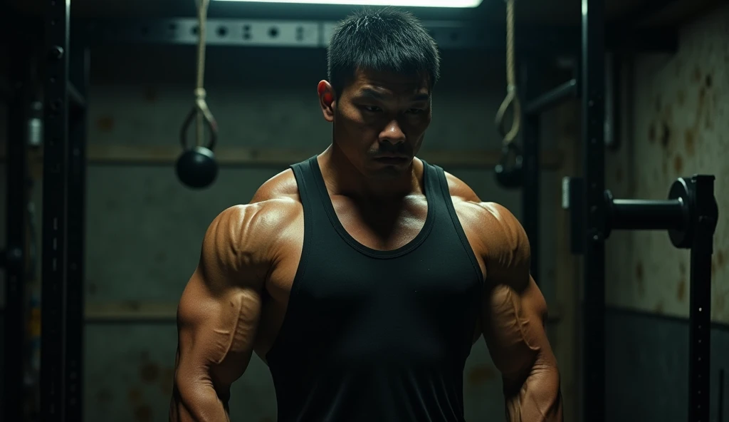Japanese man, wet, biceps, high quality, dynamic angle, chest, posing, muscular, open legs, full body shot, dirty, sweaty, sweat drop, dark skin, highly detailed skin, masterpiece, best quality, highres, realistic, fundoshi, body hair