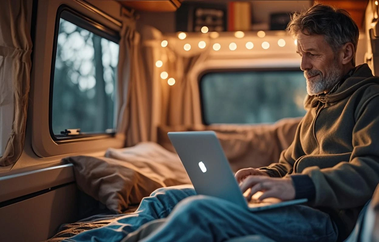 detailed man working on laptop,modern village night scene,many stars in sky,full moon,forest trees in foreground,cinematic lighting,highly detailed,photorealistic,intricate details,4k,8k,HDR