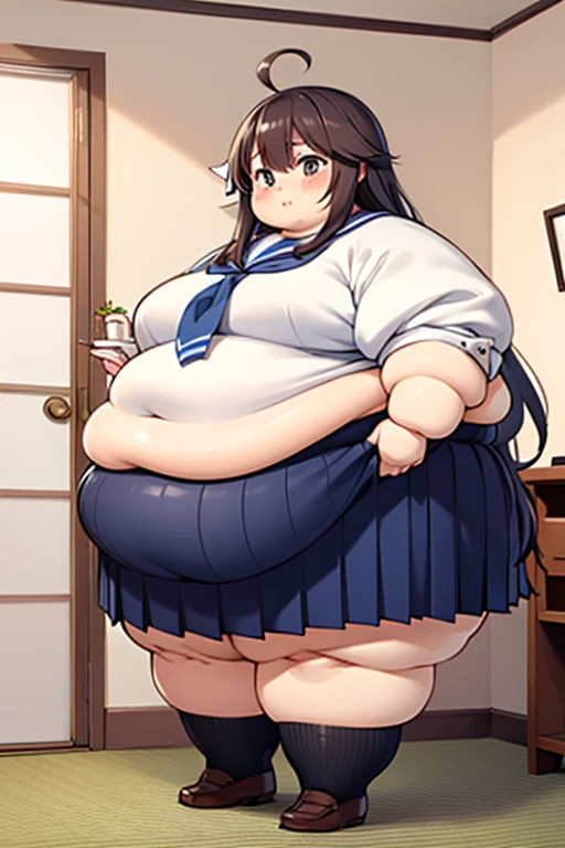 fat 1 girl, Obese nagatoro hayase, dark skin, blue skirt, obese body, fat arms, fat belly, thick thighs, happy, small breasts, blush, best quality, masterpiece, perfect lighting, caressing the belly, 4K