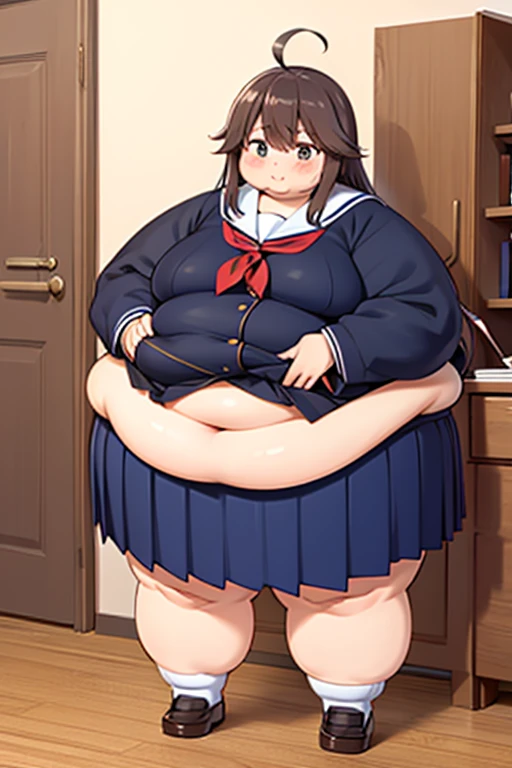 (masterpiece, best quality, highly detailed), 1girls, big belly, huge belly, art by kipteitei, round belly, chubby, curvy, belly grab, enormous belly, fat belly, thicc, bigger belly, really big belly, jiggly belly, shirt covering belly, belly cover by shirt, glasses, ((full body)), long hair