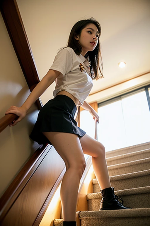 Super tall young student,((3 meters tall)) big chested, thich thighs, head touching The ceiling, ((worlds tallest woman)), full body picture, 13 years old teen. Black hair, red cheeks, smiling, cute, long hair, bangs, big eyes, in school. Fully clothed, reaching down to Pick up you. Macromastia.
