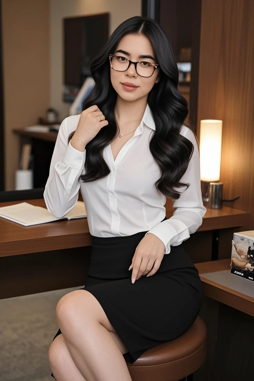 melhor qualidade, mesa, lindas mulheres maduras、rosto bonito、Mulher de mente forte、Dark blue office suit、White pants、cabelos castanhos、(Olhos castanhos)、Cabelo comprido、Olhos subdimensionados、Corpo inteiro como, black small skirt, white panties, perna cruzada, sentada na mesa de frente para o espectador, de frente, sorriso aparente, sem meia, sapato preto, perna um pouco aberta, show a little bit panties to viewer, secretary glasses, bun hair