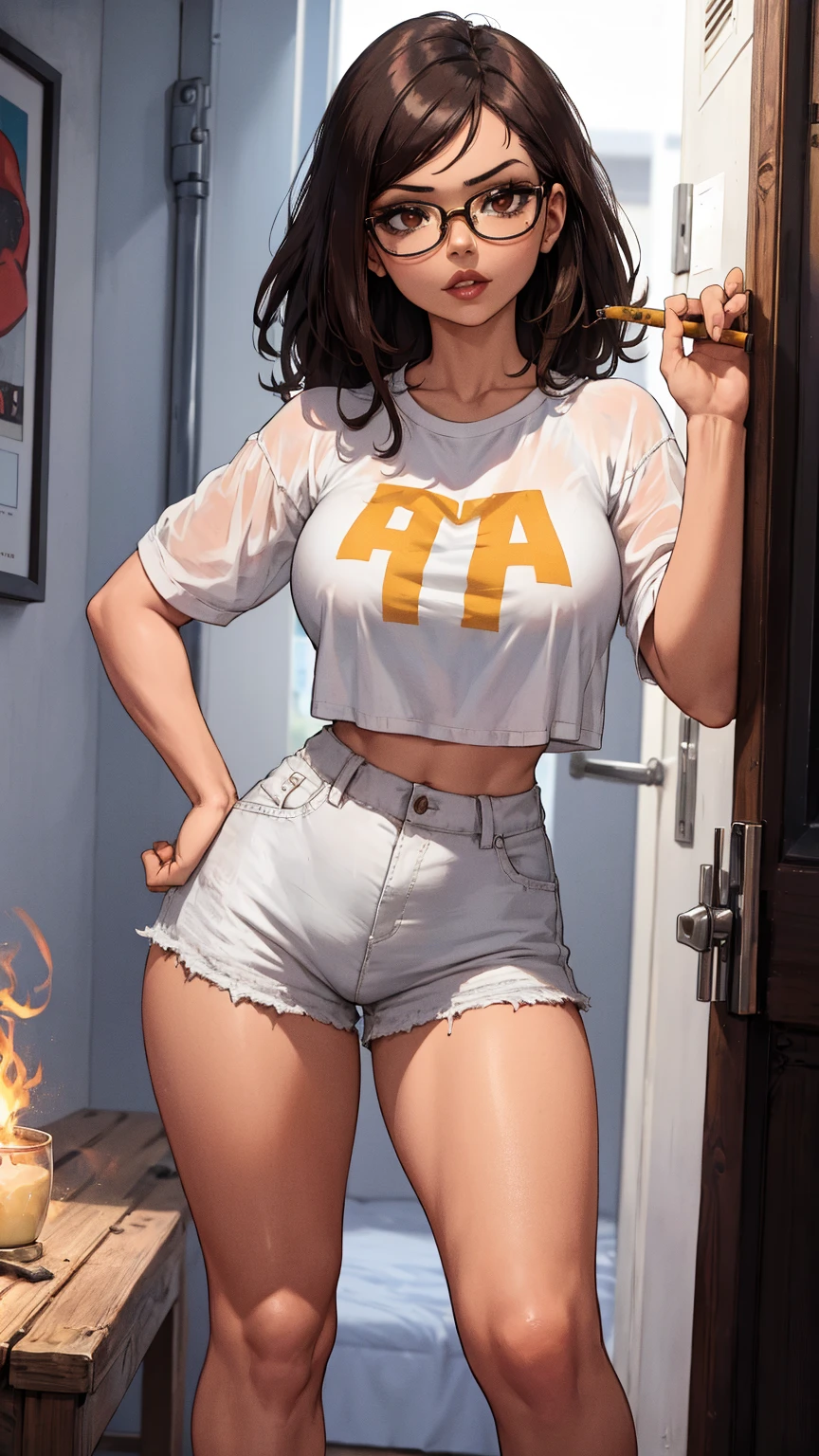 Nordic girl, white skin, medium-short height, medium orange hair, with unruly bangs. Lively and expressive blue eyes. She was wearing torn shorts, a shirt with a striking gold zipper. high heels most beautiful woman in the world, busty. Big hip. Comic style
