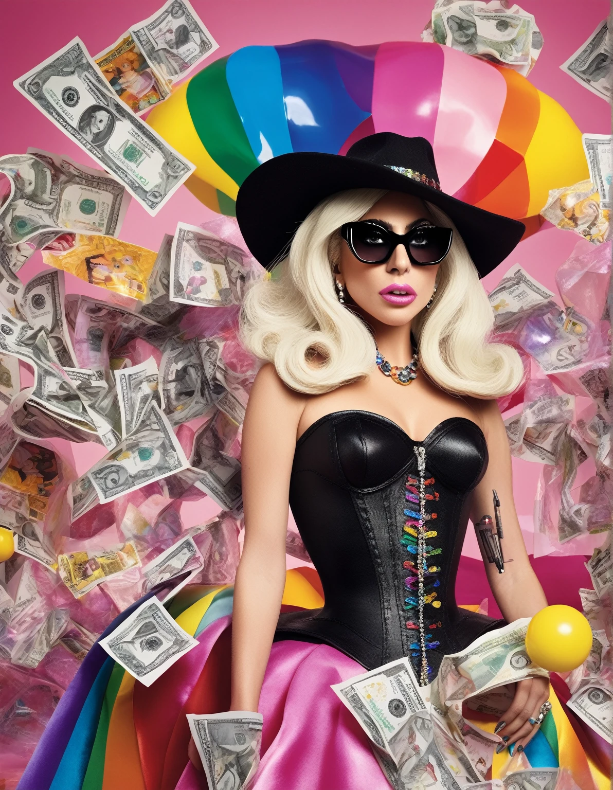 ((alta calidad)), ((Obra maestra)), 8k, chica, rubio, Cabeza hueca, enormes breats, gargantilla rosa, top bandeau rosa, dinero en los pechos, Cabeza hueca, Cabeza hueca lips, labios falsos, Fondo simple