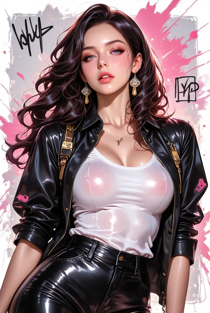 NSFW, (masterpiece:1,2, best quality), (magazine cover), (colorful Magazine cover abundant with text), vibrant, eye-catching paintings, Comic cover style, glamorous, enticing, stylish, chic, high-fashion, captivating, elegant, trendy, fashionable, radiant, attention-grabbing, dazzling, sophisticated, stunning, dramatic, bold, Featured is Sachi, a graceful figure from Tokyo, Japan, ((who embodies the essence of elegance and charm)), (((She boasts a stature, standing at 1.55 meters and weighing around 48 kilograms, epitomizing the blend of traditional Japanese beauty and modern allure))), (Her hair is always meticulously arranged), (Her eyes are gentle brown), (((and a physique with a flat abdomen)), ((a peachy posterior)), (((perfectly round and perky F-cup breasts))), accentuated by her modest demeanor, (((She is wearing a tight-fitting, white bodysuit from Lululemon that exposed her cleavages and accentuates her bust and highlights her toned abs))), She accessorizes with a delicate silver necklace from Tiffany's, and wears a pair of sleek black Adidas Ultraboost shoes, providing a stark contrast to her vibrant outfit, (exceptionally detailed:1.3).