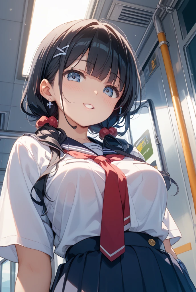 Multiple schoolgirls、Highest image quality、Sailor Mars、beautiful feet、((slender))、miniskirt、train、trainの4人掛けボックスシートに座っている、((Composition seen from the side))、((Composition seen from directly above))、((big breasts))、((The nipple protrusions push up the uniform))、cropped tops、You can see her cleavage while wearing the uniform、short sleeve、barefoot、((Wearing mules))、thin legs、((Sit with your legs thrown out in front of you without bending your knees))、Eyes are not looking at me、Hooked to a collar
