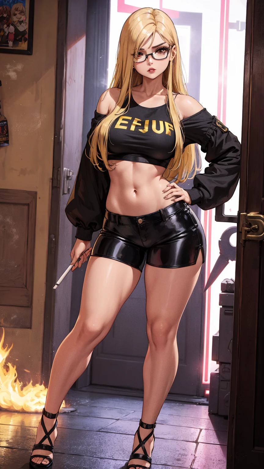 Um mulher sexy usando apenas botas douradas, a black cap, sun glasses, a gold chain around his neck and a short NSFW gold jacket