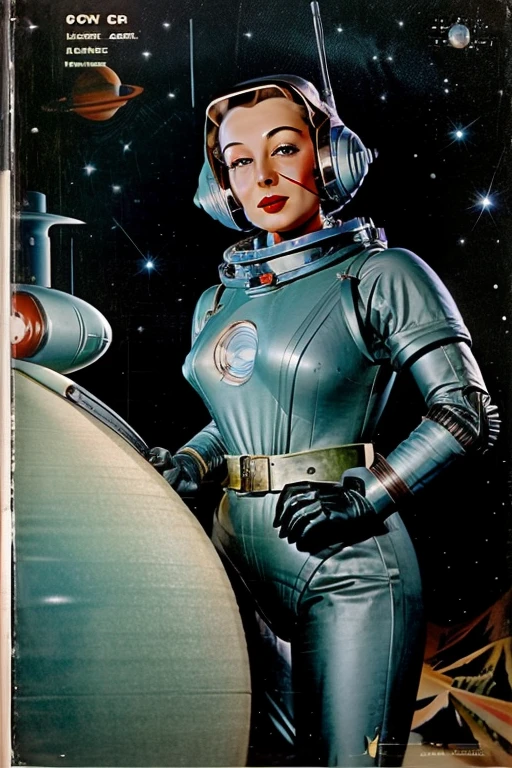 The cover of an old pulp space sci-fi book from the 1940s featured a beautiful woman in a sexy astronaut helmet and a pulp-style space jacket.