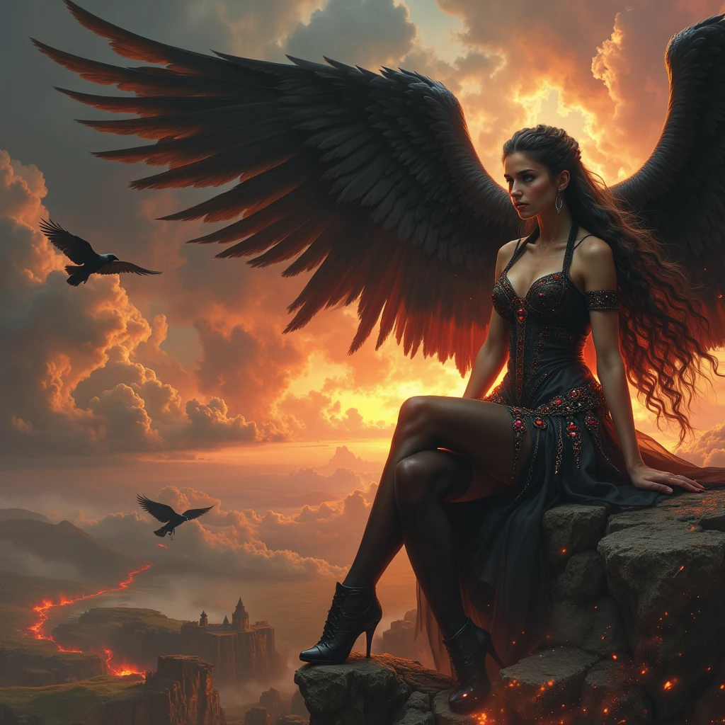 produce an image to be used as the background image of a card with the theme "fullbody evil fallen angel woman sexy fall in the street of apocaliptic city in flames"