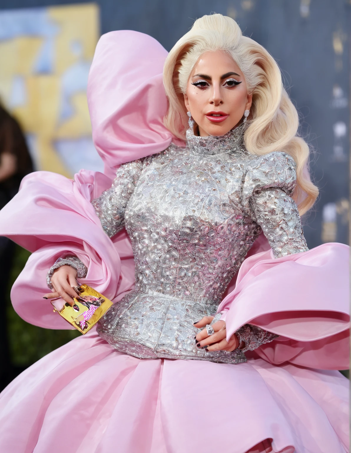 Lady Gaga puts on beautiful makeup, wears a pink evening gown, and poses elegantly