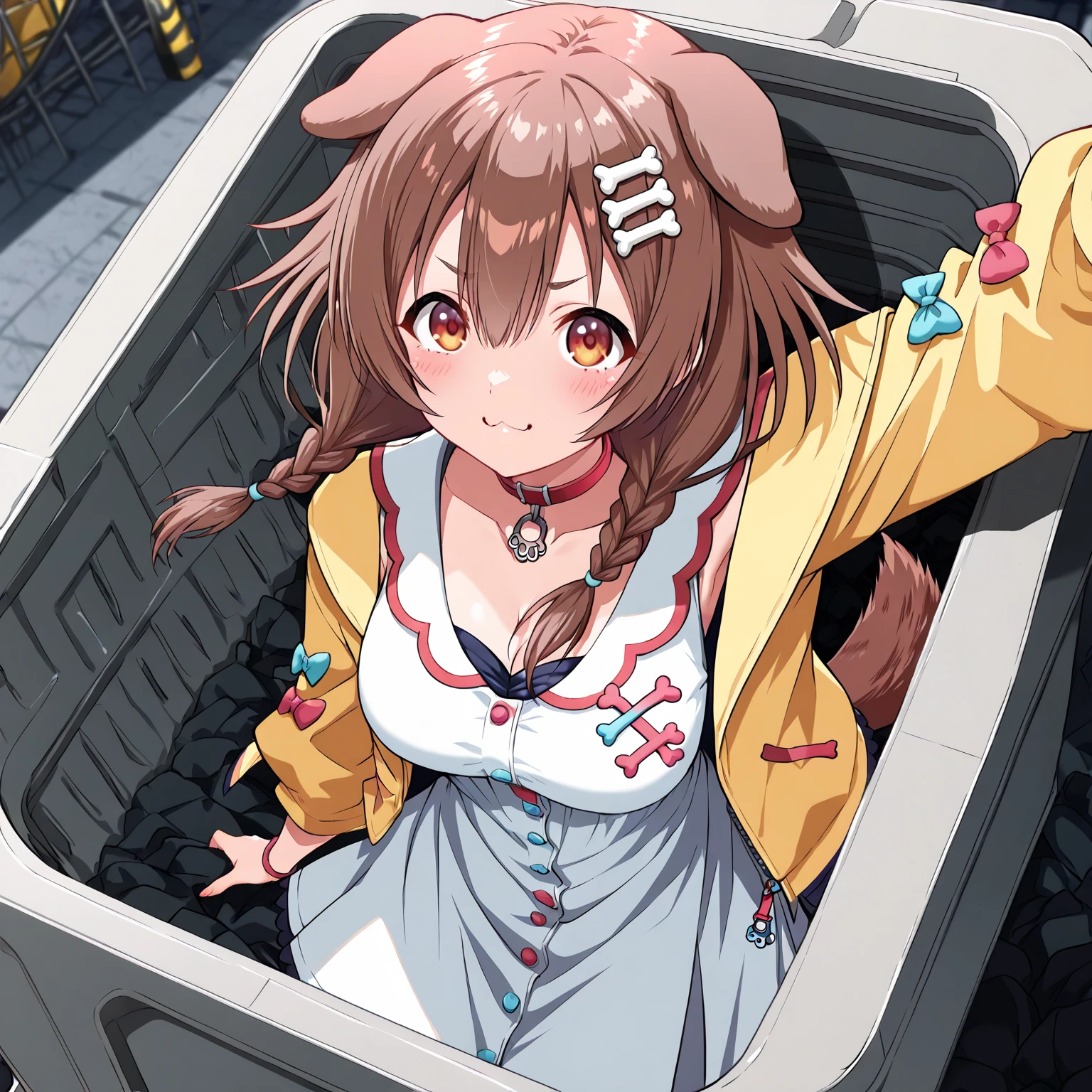 1girl, rabbit girl, long hair, brown hair, ponytail, blue eyes, (furry), japanese clothes, wristbands, obi, short sleeves, shorts, indoors, mechanical collar, lock, against wall, indoors, spacecraft interior, lights, looking to the side, blushing, nervous smile, hand on own chest, clenched hand, pipes, cables, front view, from above, small breasts, sweat, handcuffs, shackles <lora:LOP_sw:0.8> <lora:KakureEriaPDXL:1>, score_9, score_8_up, score_7_up, score_6_up, score_5_up, score_4_up, BREAK source_furry, masterpiece