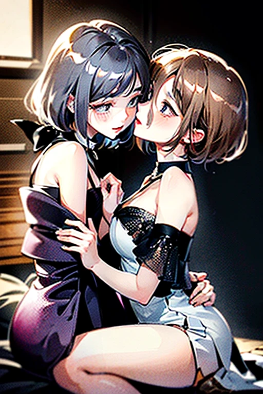 (((Two girls kissing and touching each other's crotches on the bed)))watercolor, masterpiece, highest quality, Very detailed, Two girls kissing, whole body, Beautiful fine details, Cute anime face, whole body, Beautifully detailed face, Long blonde hair, (Lesbian illustrations:1.5), White sheer frill dress,(((nsfw)))(((naked))) I can see your crotch Artemis Venus