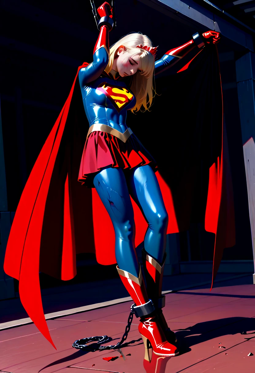 (full body), (masterpiece:1.2), (Highest_quality:1.2), (Ultra_detailed:1.3), 8k,Low - Angle,From below,Big Butt Girl, Medium chest, Pose in front,upright,3D Rendering,( Supergirl),Blonde,Long Hair,Blue eyes,Red Skirt,the skirt is short,,A blue leotard is visible under the skirt.,The skirt is blown up by the wind,Red Cape,