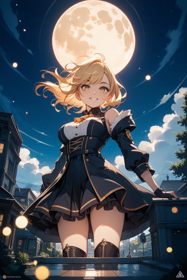 1 girl, masterpiece, best quality, beautiful woman, smile, big eyes, golden eyes, blonde hair, hime cut, twin tails, black sailor suit, moon, anime