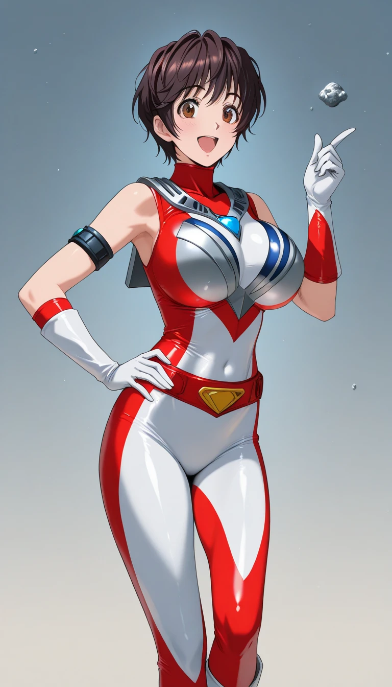 (masterpiece:1.2,Highest quality,Highest quality,High resolution,Very detailed),8k,1 female,Mature female heroine,40 years old,Woman transforming into Ultraman, (Dynamic Makeover:1.2),(Dynamic hair movement:1.2),(short hair),(Shiny Ultraman uniform),(Glowing Skin,Big eyes,Droopy eyes,Long eyelashes,Beautiful thighs,Beautiful Hair,Beautiful Face,Beautiful Eyes,Beautiful body,Beautiful breasts,Beautiful feet,Beautiful fingers),break((Ultraman)),((Ultraman_rise:1.5)),((hand)),(Raise your right fist straight up),(右handはパンチ),(Extend your right arm straight),((Detailed drawing of a fist),(Severe),(The background is a glowing prism flash),((Wrapped in dazzling light)),((Very high quality trading cards,Platinum Card))