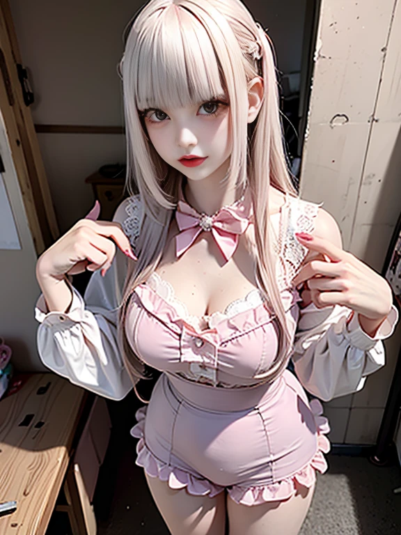 Upper body、one girl、i have silver hair color、2 tone、(Pink highlight hair、(curly hair)Super huge 、Hide your nipples with jewel design lace、Sparkling jewel lace decoration on the body、look at the camera、pink floral panties(Highlight black ruffles)、long coat with fur、jewelry design garter belt、M-shaped spread legs、high heels、open your mouth、girl squatting、blush、in the train(on the sofa in the train)reveal the devil、long coat with furを開いて下着を見せる、tongue piercing、navel piercing、pink nipples