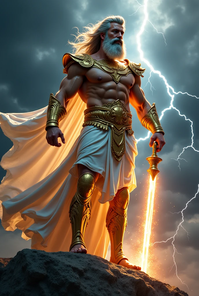 create a man resembling Zeus and with lightning in his hand, several gods flying behind him