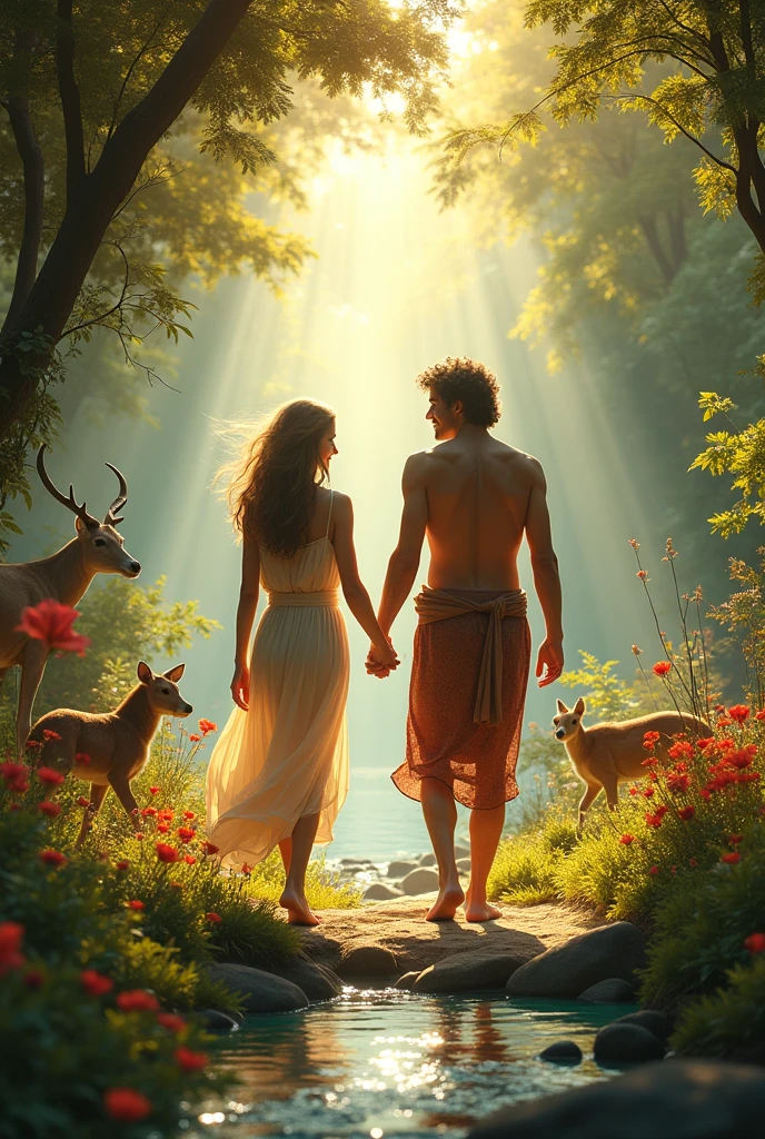 Adam and Eve together in the Garden of Eden, living in harmony, tending to the garden, surrounded by animals and lush greenery."