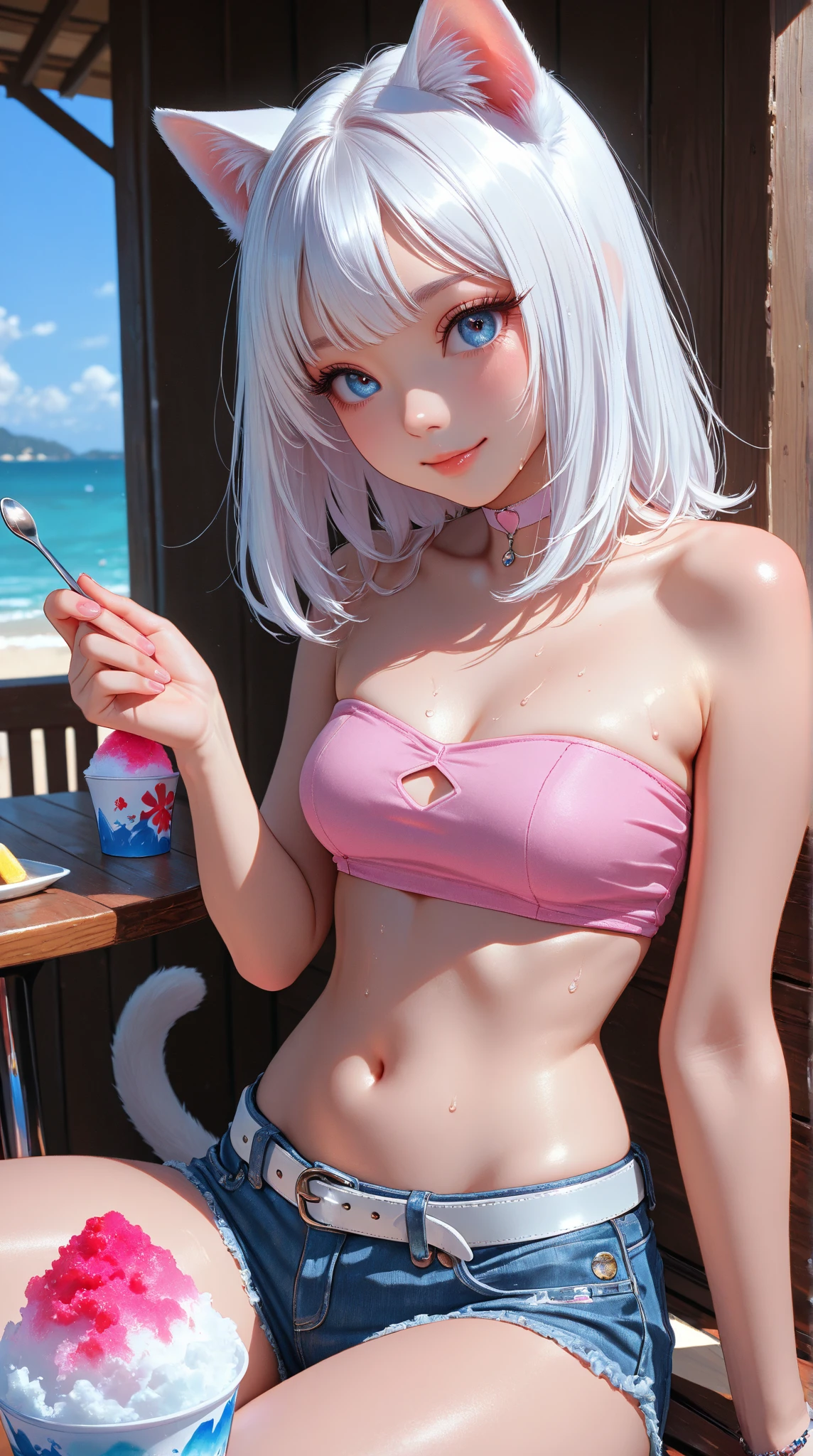 (64k, masterpiece:1.21), (best quality:1.21), (an extremely delicate and beautiful), ((Hasselblad photography)), (realistic, photo-realistic:1.3),(UHD), high res,HDR, cinematic lighting, highly detailed, highly detailed background, perspective, bokeh, depth of field, ray tracing, professional,RAW photo, subsurface scattering, PBR texturing, post-processing, anisotropic filtering, maximum clarity and sharpness, multi-layered textures, albedo and specular maps, surface shading, accurate simulation of light-material interaction, perfect proportions, two-tone lighting, wide aperture, low ISO, white balance, rule of thirds, dynamic segmentation, best composition, best story expression, best visual expression, trending on instagram, (vivid color:1.31), anime girl in bikini eating ice cream at a beach bar, concept art by Kamagurka, pixiv, furry art, trending on artstation pixiv, anime moe artstyle, [ 4 k digital art ]!!, trending on cgstation, pixiv 3dcg, at the beach, kawacy, at pixiv, azur lane style, commission for