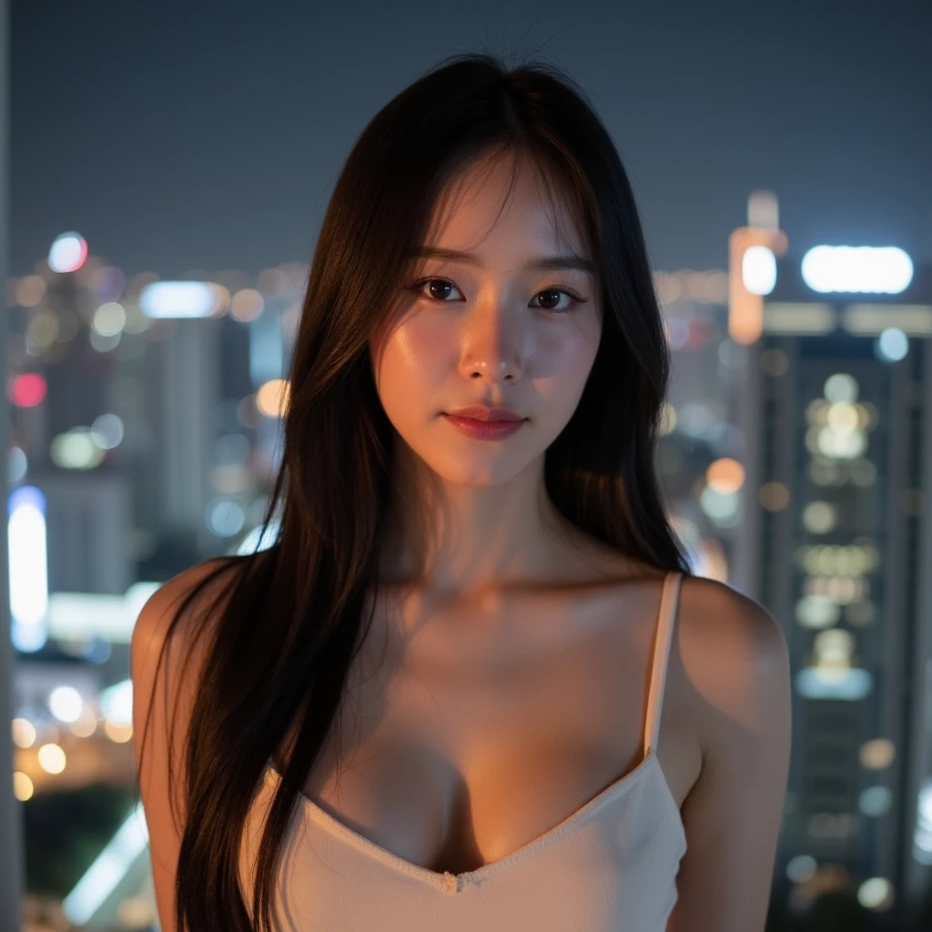 (8k、 highest quality、 masterpiece、 Realistic、 Very detailed:1.3)、(Photorealistic:1.2)、((Beautiful Korean Women))、One Woman、Medium Hair、ponytail、Bronze Hair、Black eyes are small、Cityscape、18-year-old、cute、Ulzzang Makeup