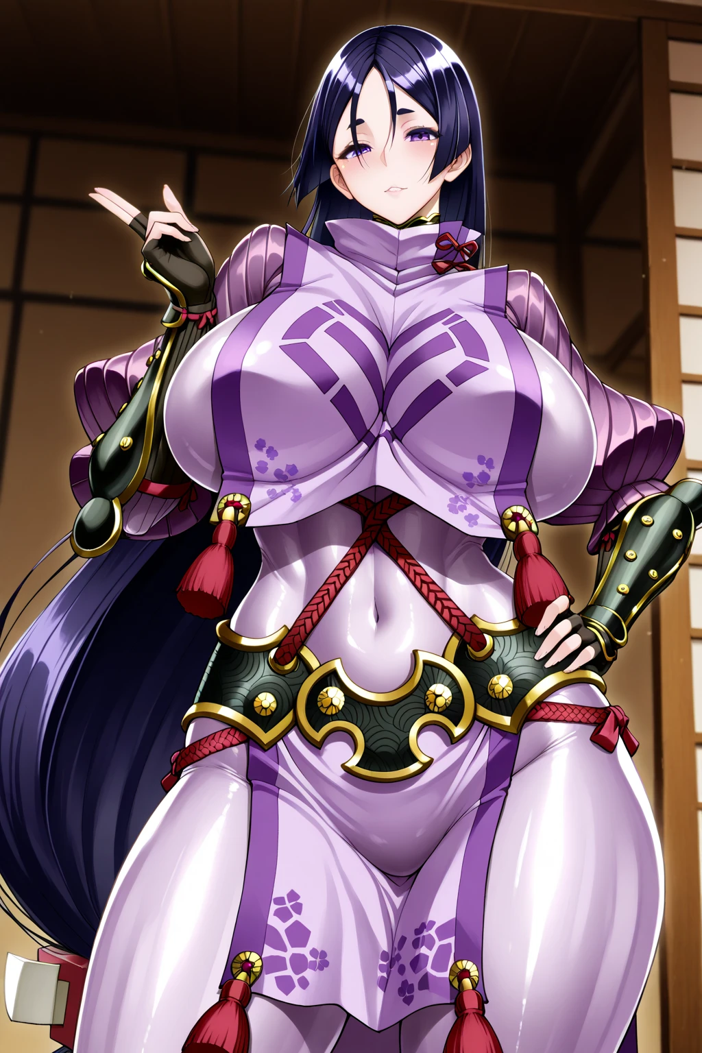 score_9, score_8_up, score_7_up, source_anime,
raikou, raikou, parted bangs, purple eyes, purple hair, long hair, hime cut, forehead, mature female,
arm guards, armor, black gloves, bodysuit, fingerless gloves, gloves, japanese armor, kote, loincloth, purple bodysuit, ribbed sleeves, tabard, toned,mother,maternal,maternal instinct,Super huge breasts,whipped thighs,smile,near,,in doors,house,
