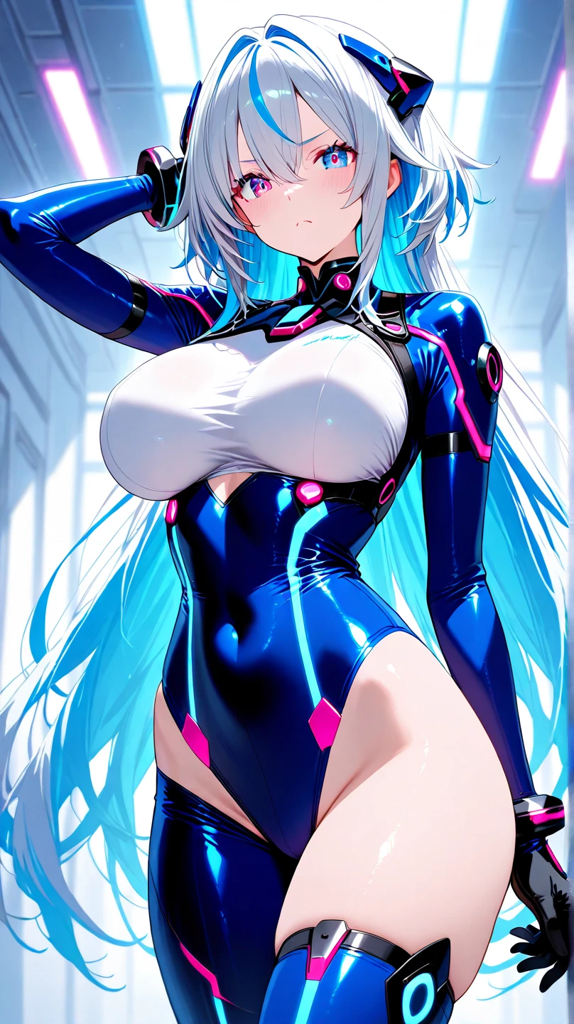 top-quality、Top image quality、​masterpiece、Android Girl((sixteen years old,Body full of scars、Broken cybersuit glowing black, red and white、Blue energy source for the chest,Best Bust、Bust 90、Light blue shiny hair、Longhaire,Cyber Skirt、Blue-green eyes、open chest wide、Valley、Happiness、A slender、the whole body is wet、Fall to the floor、Kneeling)）hiquality、Beautiful Art、Background with((Magical Night City、Very heavy rain))、masutepiece、Elaborate design、visualart、Theatrical films, neon eyes, cyberpunk, futuristic 