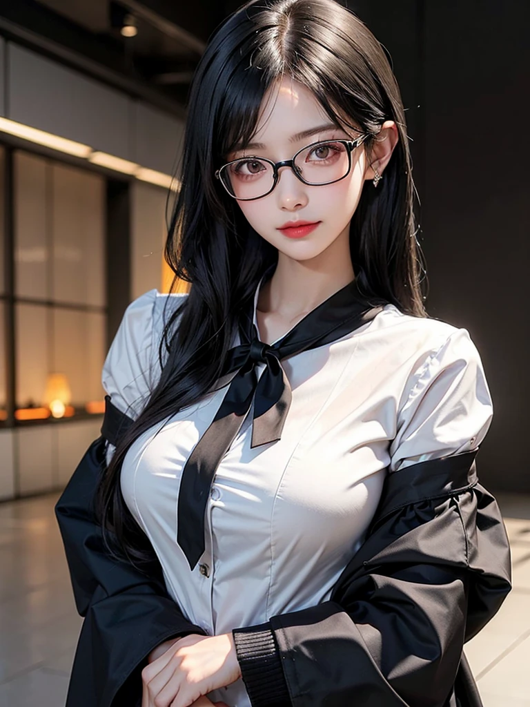 (masutepiece, Best Quality), 1girl in, Black hair, Glasses, Cyberpunk, Solo, waist-high, Sexy appearance