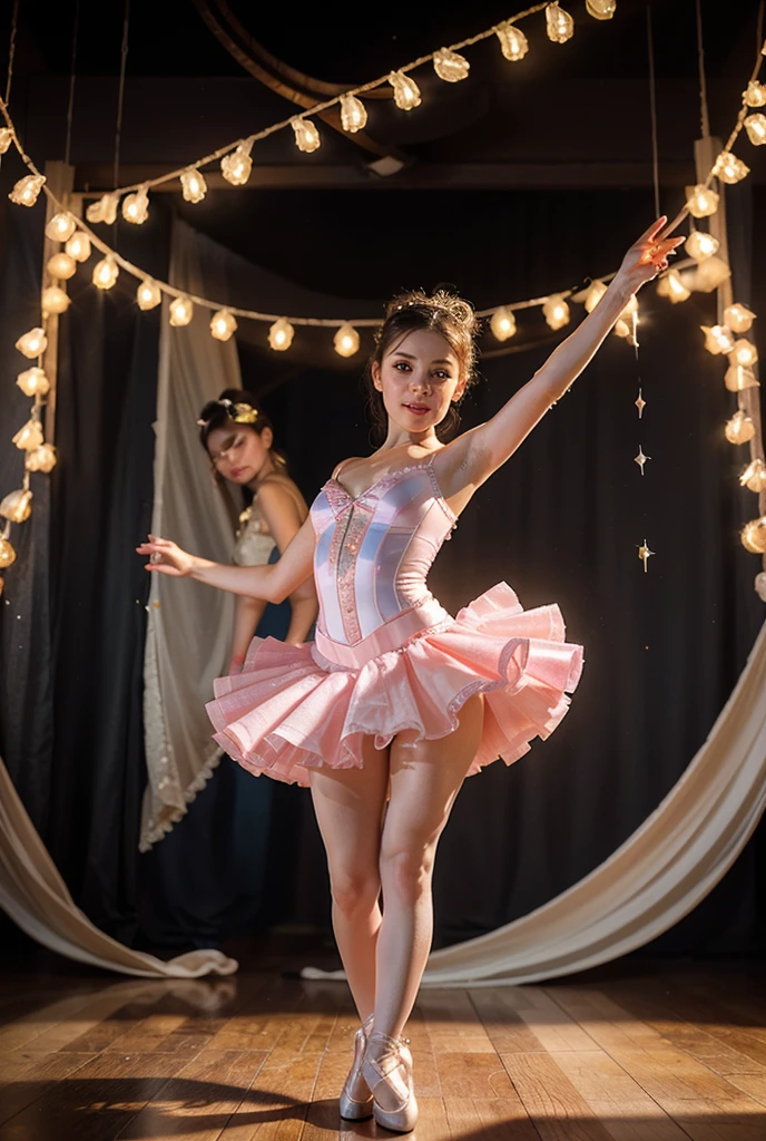 "Closeup of a rat dressed in ballerina outfit dancing with a smile on her face, the detailed and realistic textures of her outfit and skin bring a pleasant and charming feel. The scenic lighting and dramatic stage background add comfort and a sense of beauty to the performance."