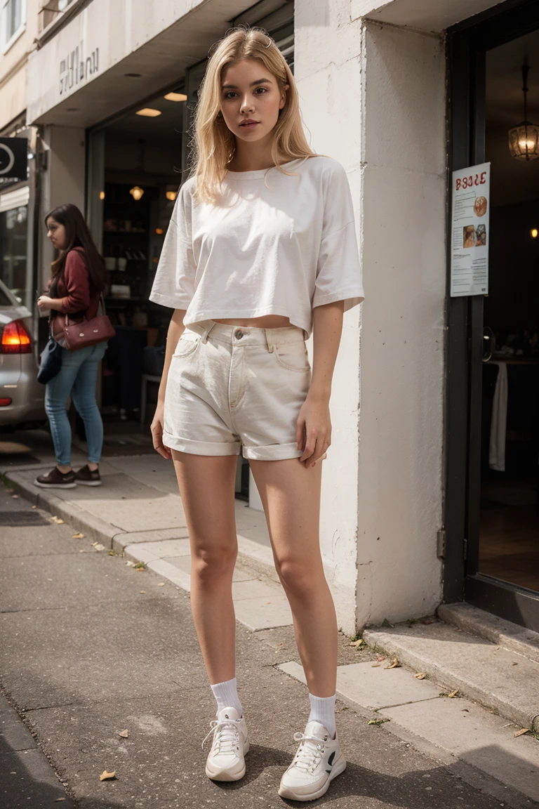 her name is Alliyah, high quality, 1girl, ((20-year-old fit Caucasian woman)), ((20 years old)), ((fit)), ((medium blonde with bangs)), pose: standing, wearing stylish random trend Generation-Z modern wear, BACKGROUND: overlooking city streets, ugly smiling, POSE: standing
