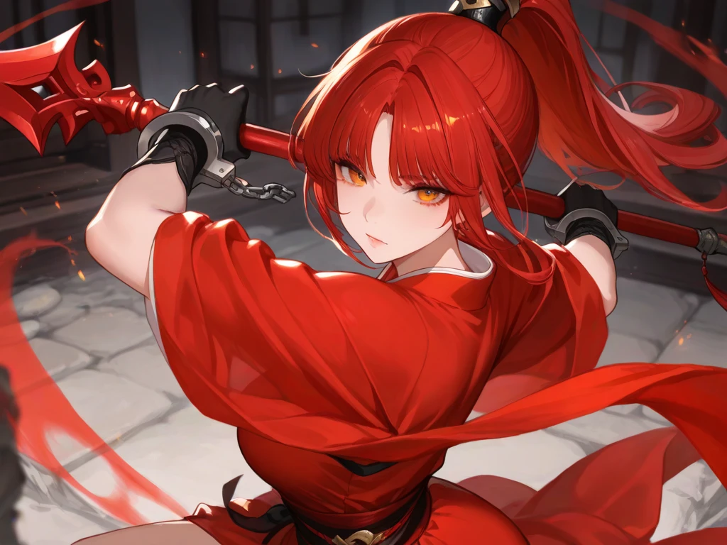 Woman, adult, long red hair, twin tails, red gliwing eyes, short black Chinese dress, large breasts, holding a katana