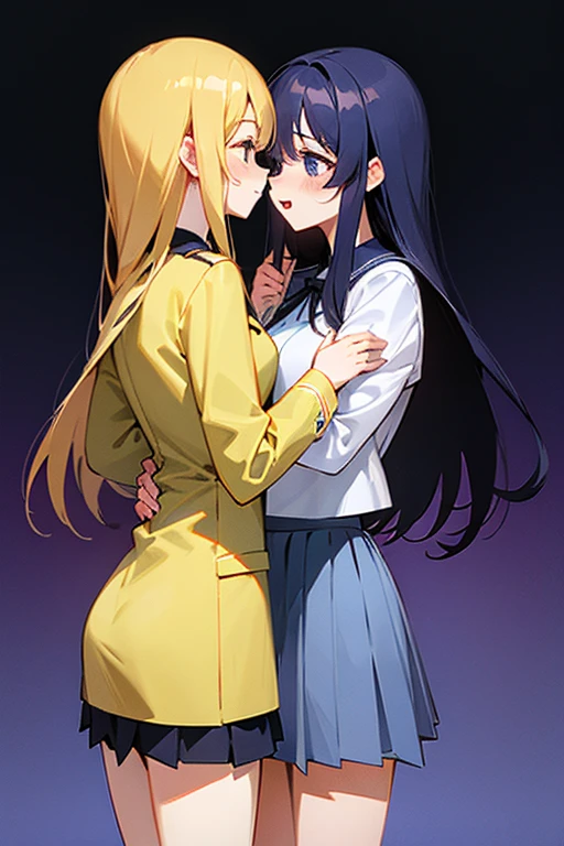 2woman kissing in sexy office suits, at office, (a dark hair, green eye, white skin), (a blonde, long hair with bangs), small breasts, masterpiece, best quality, amazing shadows, detailed background, side shot,