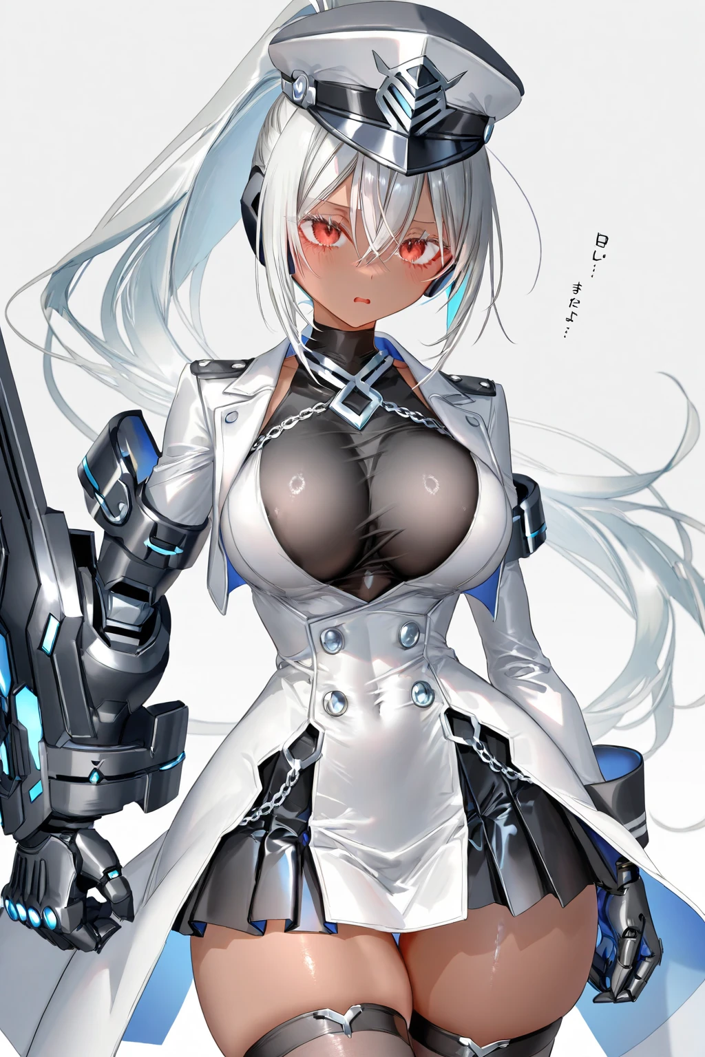 (8k, Realistic, RAW Photos, Highest quality: 1.3), (Fox Girl, Fox Ears, One Girl, Alone on the screen, dark skin, High definition, (boyish, Silver color very short hair), (Silver and blue odd eyes):1.4), とてもbeautiful, (Realistic Face), (maid apron, Clothes that are mainly black with red accents, skirt, Clothes with an open chest, (Mechanical leg suit, mecha musume):1.5), (Body measurements: 88-55-77!, Height is 145 cm, Nice body, Big Breasts, skirt hold, slender, Accentuate the cleavage:1.6), A brilliance that captivates the viewer, beautiful expression, beautiful breasts, (Realistic Skin), beautiful...