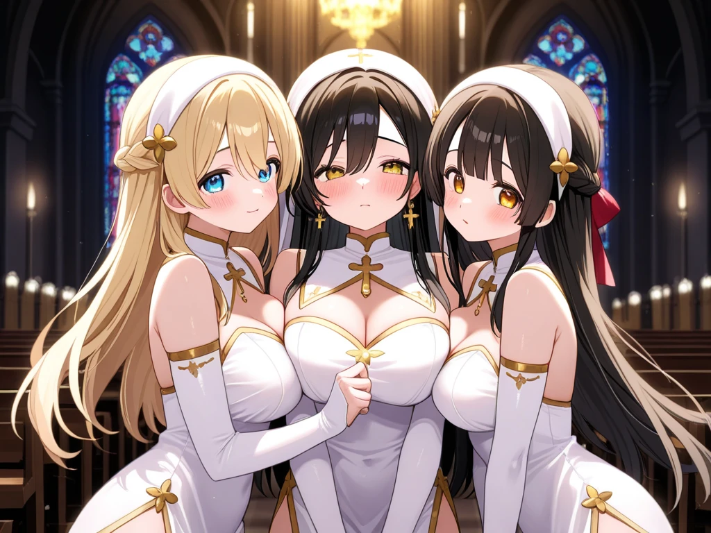 Masterpiece, 4girls, each dressed as a maid. The maids are wearing identical uniforms, beauty and cute, high detailed, dinamic lighting, vivid colours, ultra large saggy breasts, massive cleavage exposed, A giant spacecraft navigating interstellar space, Sophisticated design, huge geometric figures stacked in layers,standing, white skin, blue eyeballs, blonde hair, happys, various hair styles, harem, perfect eye, perfect face, Symmetrical eyes, well-aligned, with a natural and proportionate gaze, Observing their master with a servile gaze, elfs