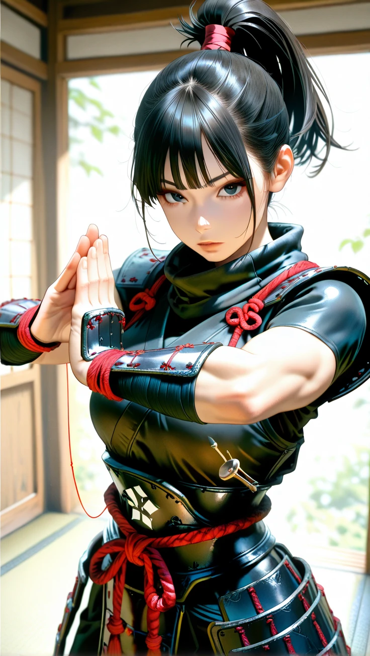 ((best quality)), ((masterpiece)), (detailed), perfect face, 1girl, black hair, brown eyes, karate suit, fighting pose, looking serious, detailed, high resolution, masterpiece, full body
