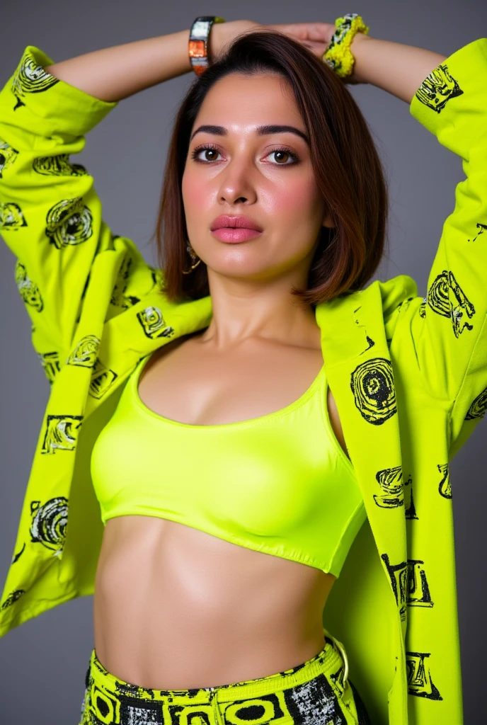 An indian Instagram model, wearing a copper ginger green sports bra, with white border, in a light background, rim light, key lights, giving lusty smile,