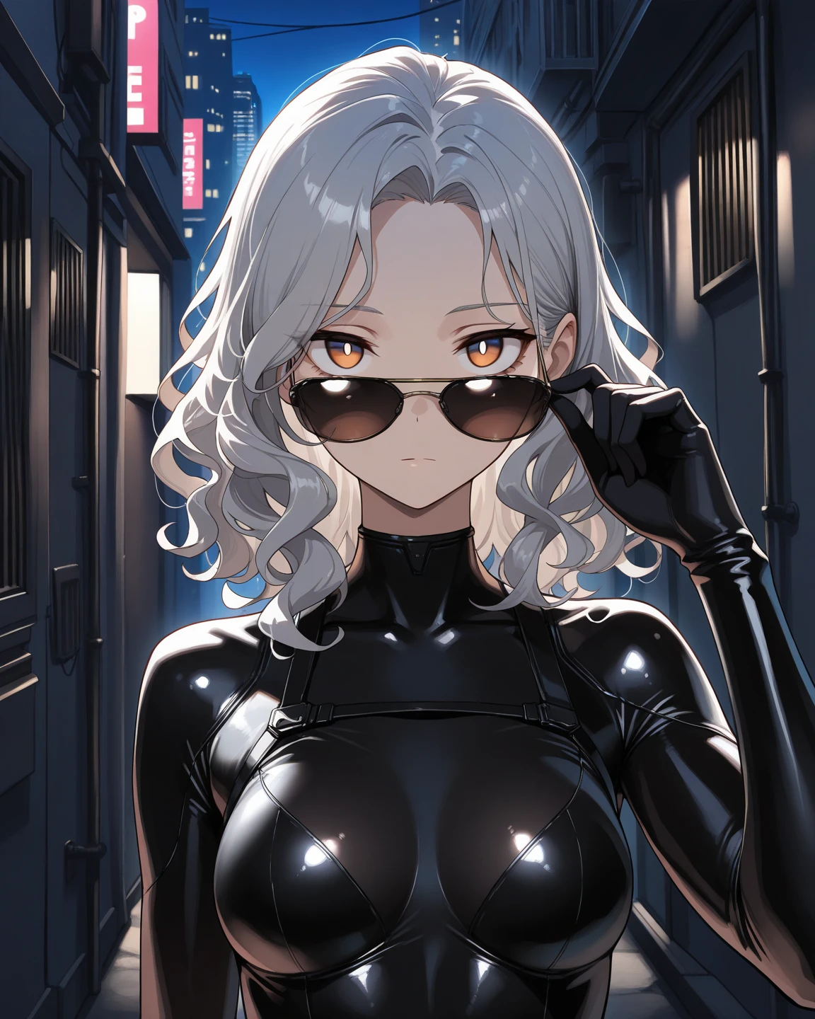 score_9, score_8_up, score_7_up,score_6_up, score_5_up,1girl, looking at the viewer,round sunglasses, white short hair, leather bodysuit