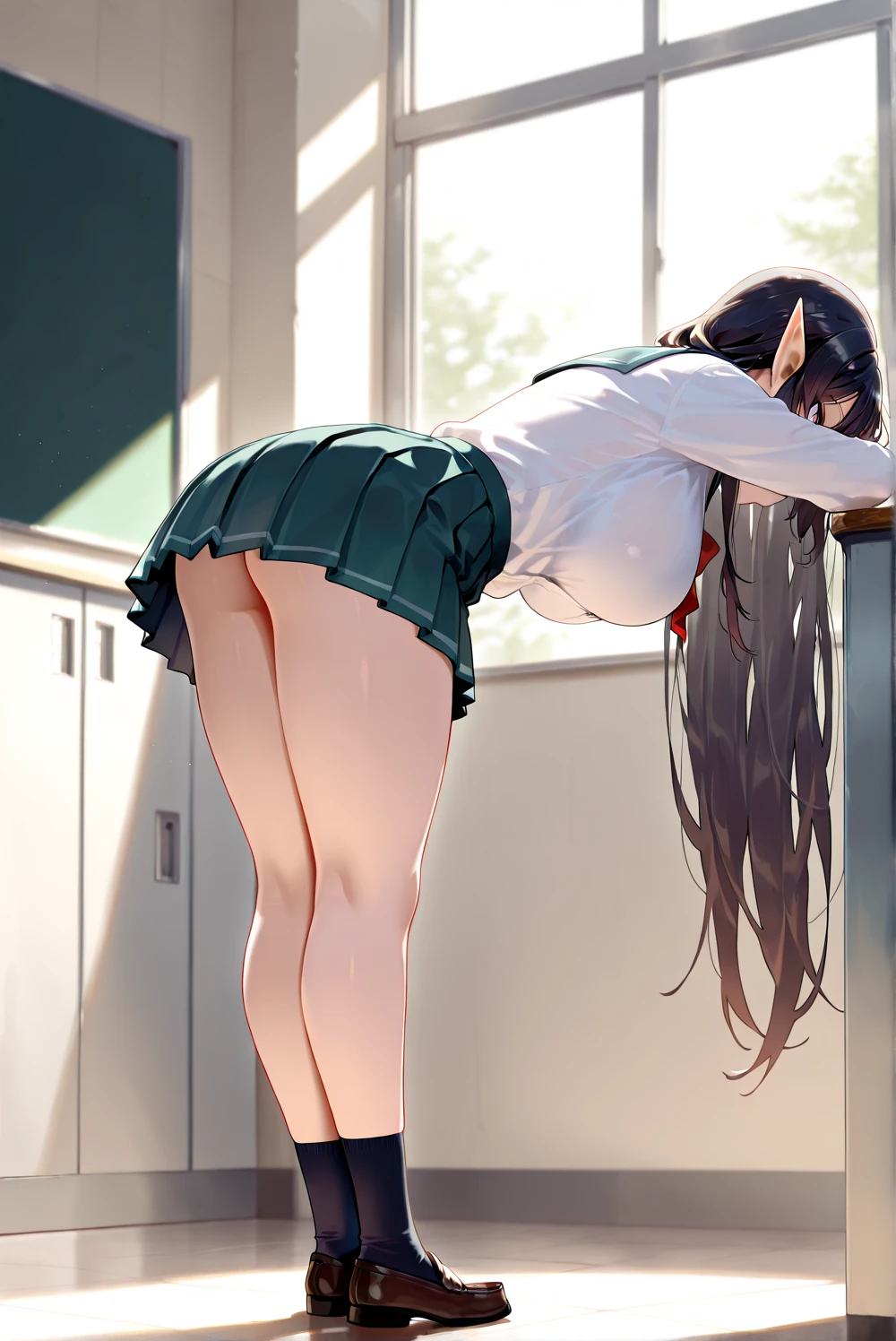 highest quality,masterpiece,8k,1girl,medium breasts,orgasm,blush, sweat,mini skirt,lift skirt,upskirt,white panties,Mizuki Yukikaze,hair ribbon, green shirt, serafuku, white neckerchief, long sleeves, pleated skirt, black skirt, black thighhighs, loafers,((looking back:1.1)),hand on own ass
